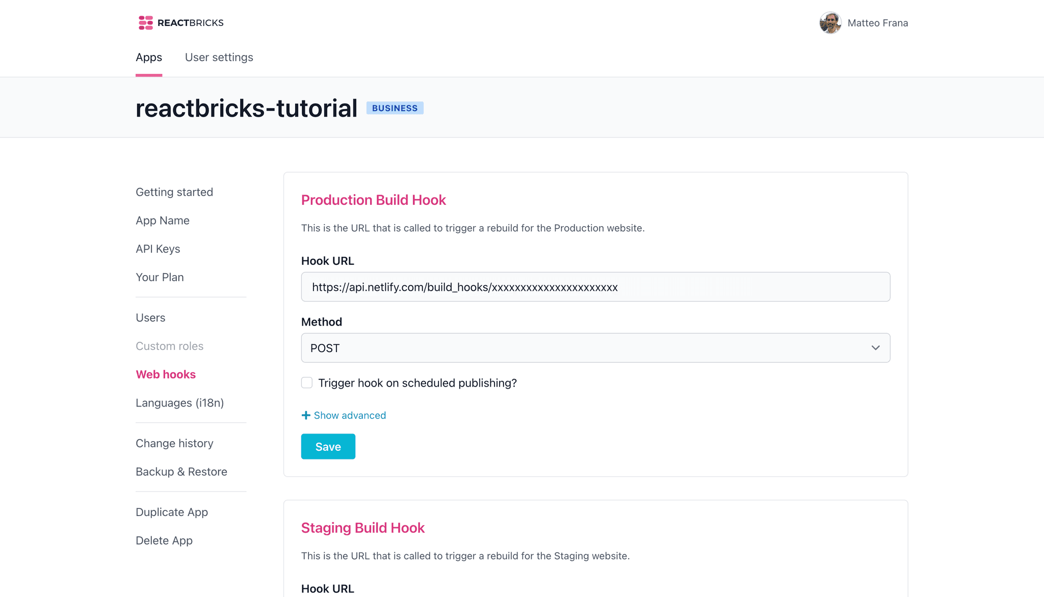 Save deploy hook to React bricks App settings