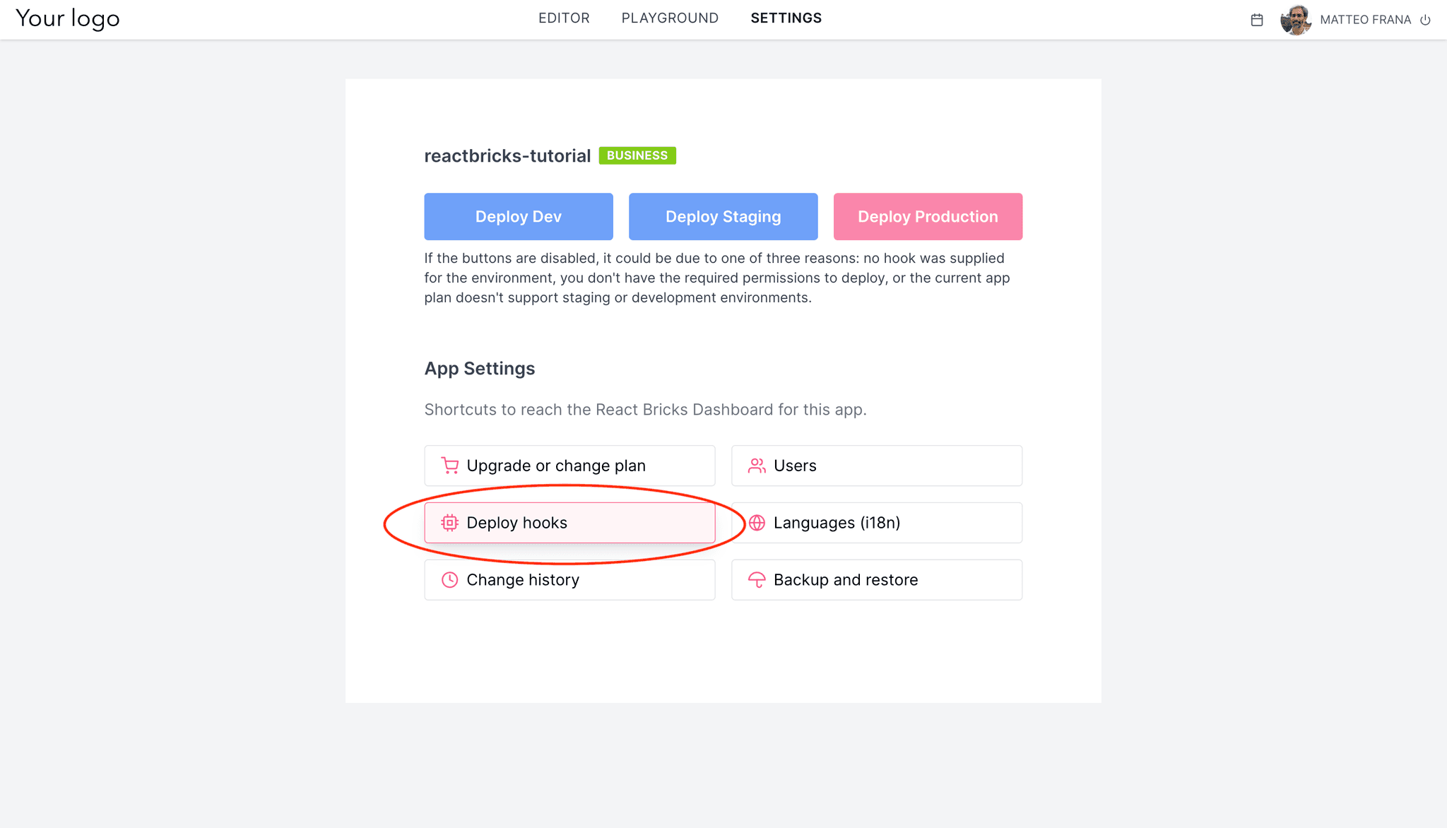 Save deploy hook to React bricks App settings